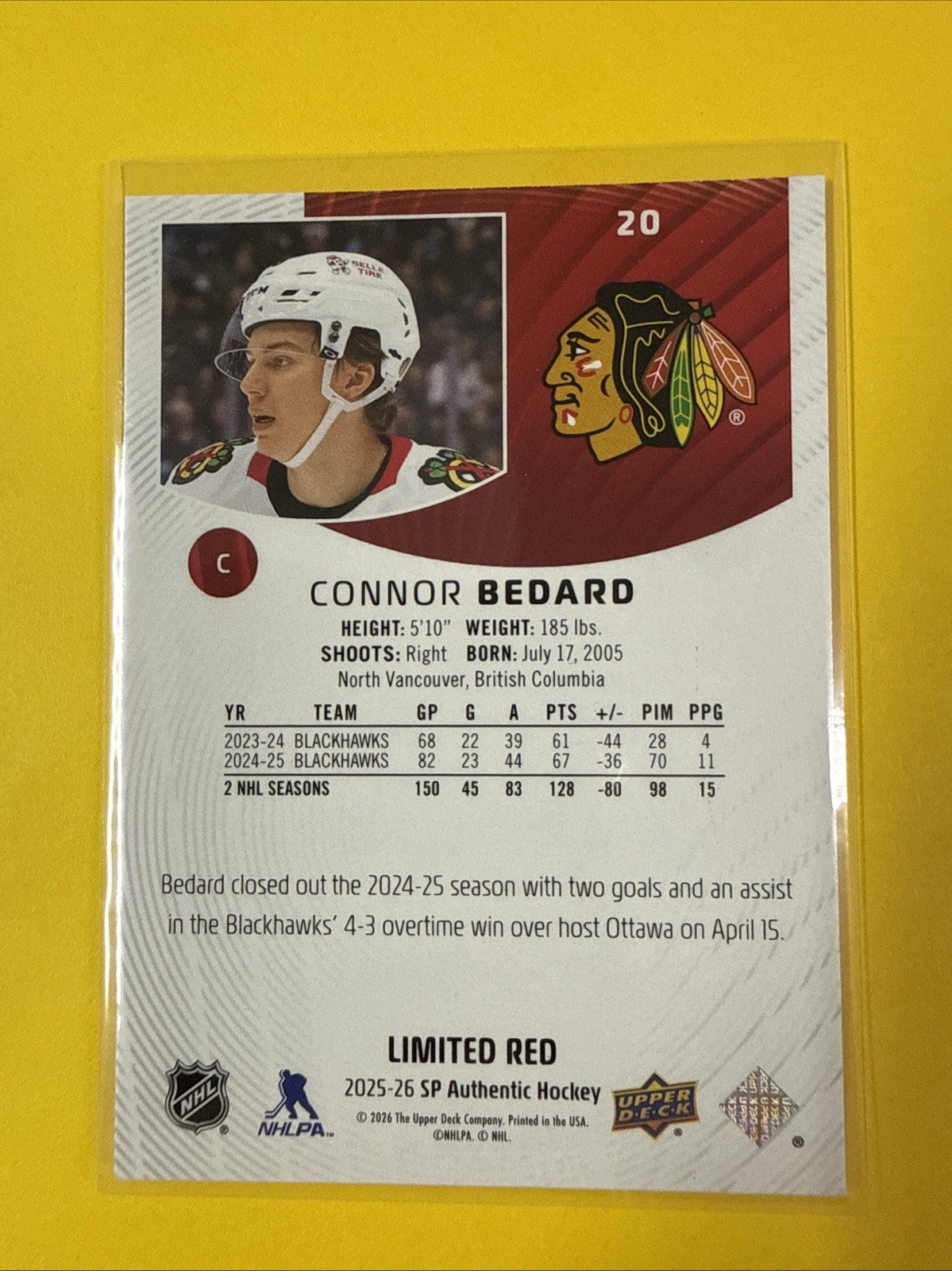 2025-26 UD SP Authentic Limited Red Connor Bedard #20 - back