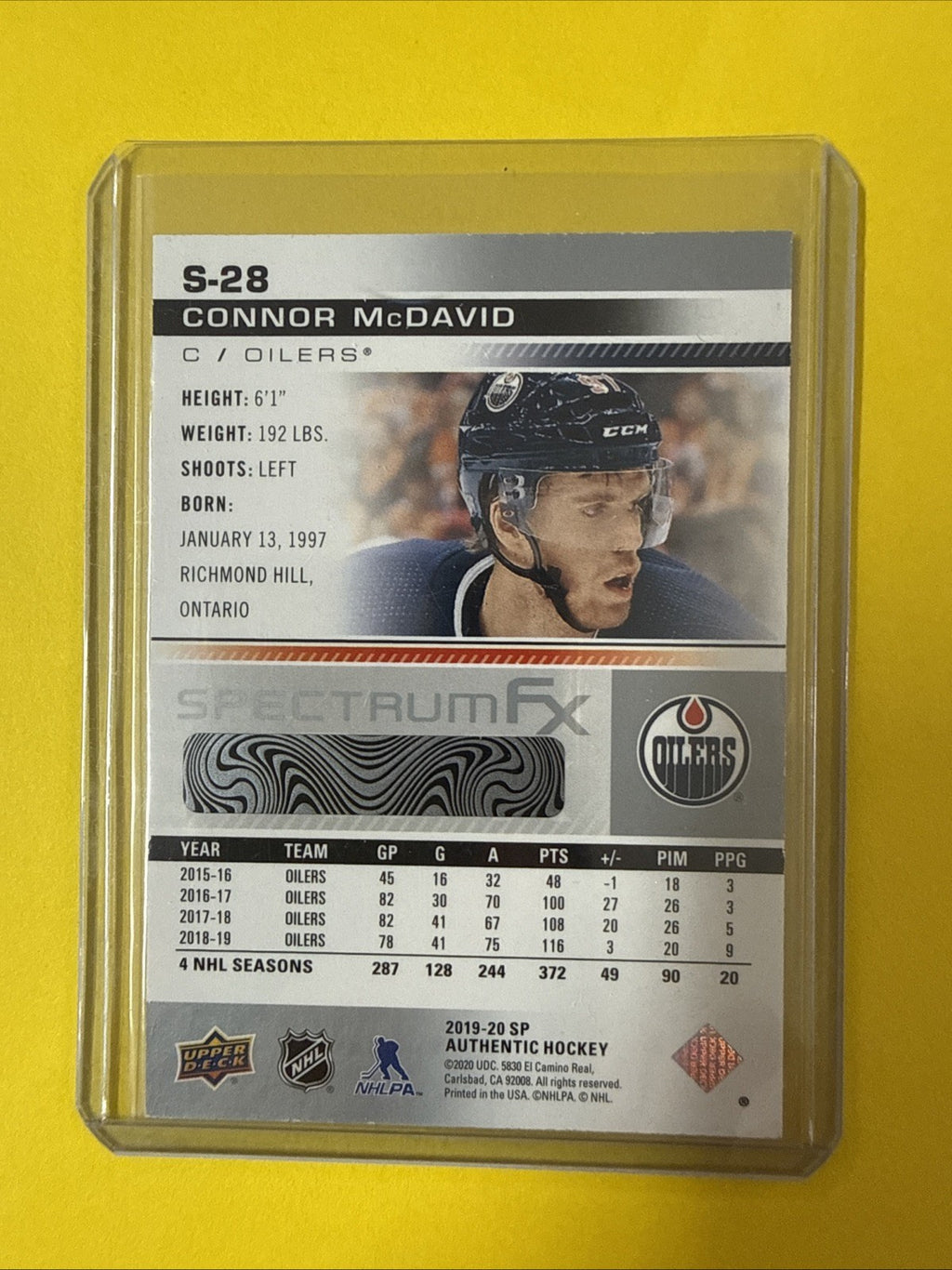 Connor McDavid 2019/20 SP Authentic Spectrum FX Hockey Card - back