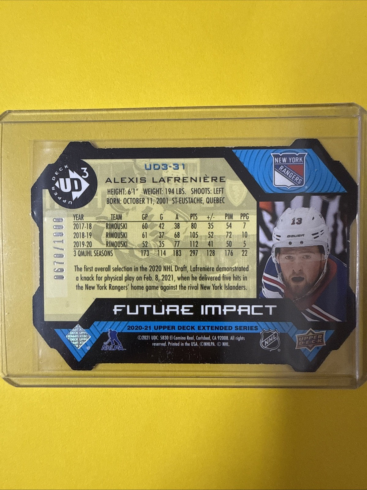 Alexis Lafreniere 2020/21 UD Rookie Card 670/1000 - back