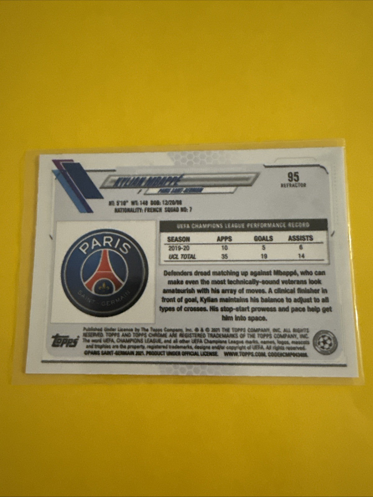 Kylian Mbappé 2021 Topps Chrome Soccer Card - back