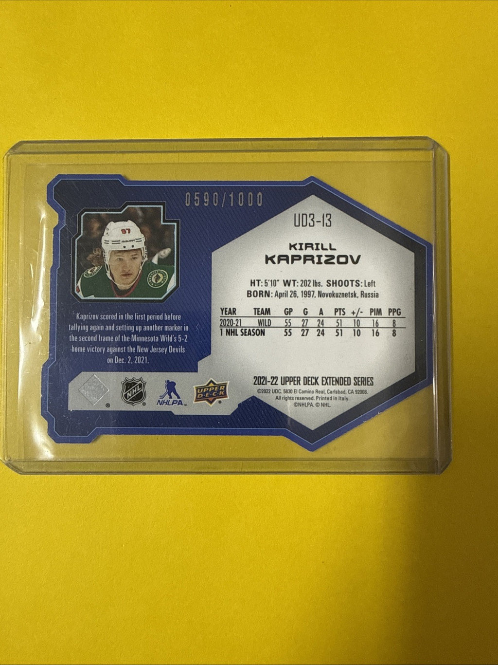 Kirill Kaprizov 2021/22 UD Extended Cards 599/1000 - back
