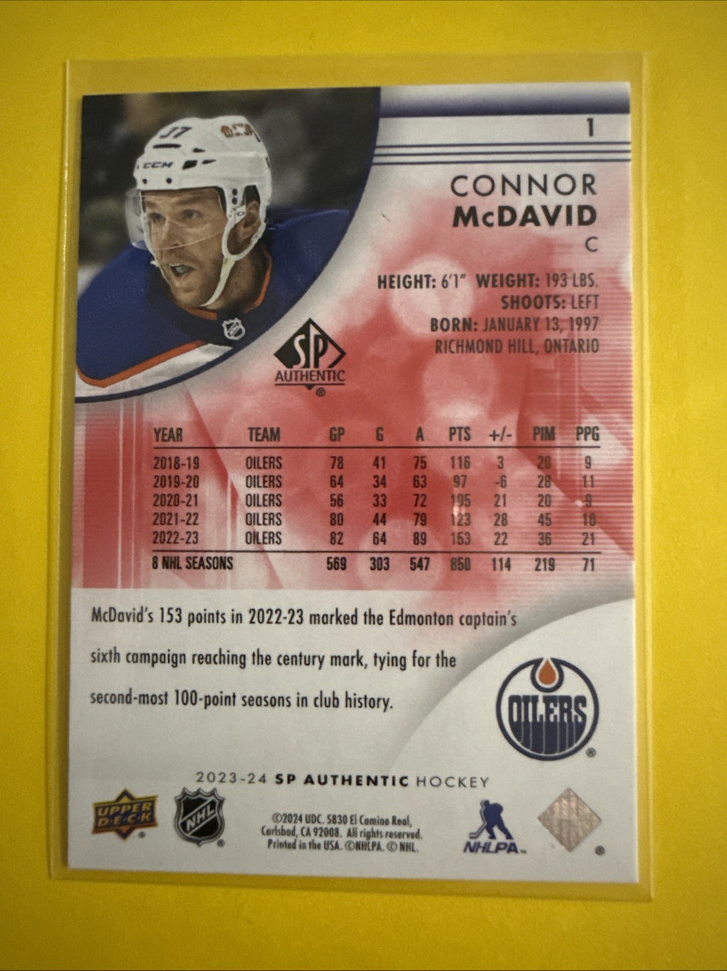 Connor McDavid 2023/24 Hockey Card - back