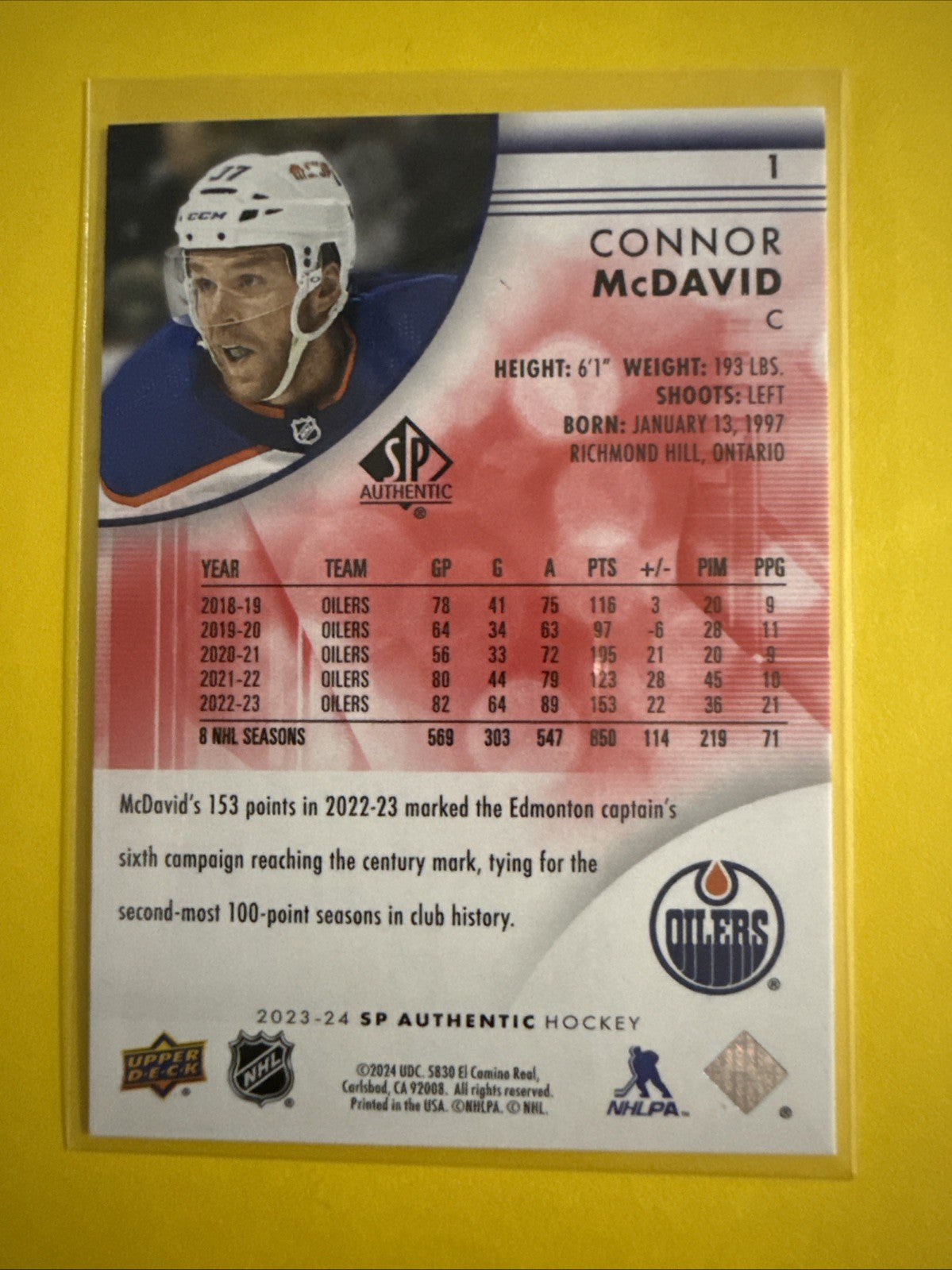 Connor McDavid 2023/24 Hockey Card - back
