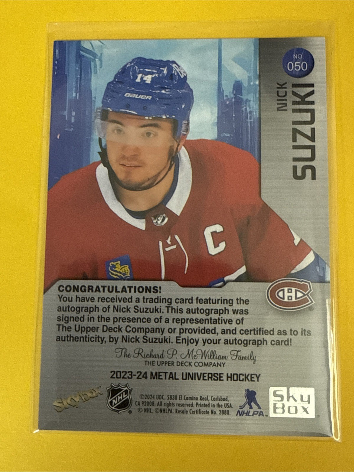 Nick Suzuki 2023/24 Metal Universe Hockey Card Autographed - back