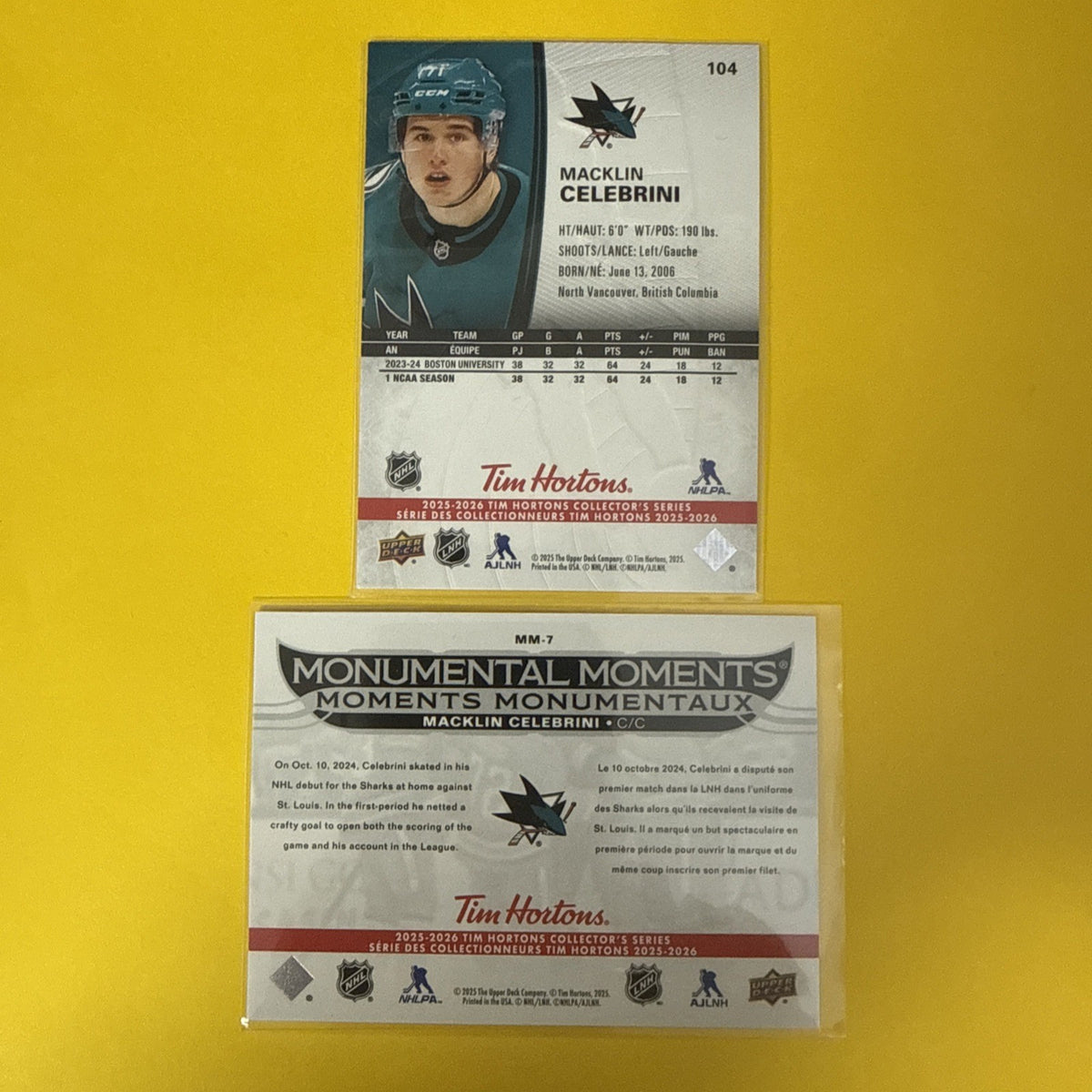 Macklin Celebrini 2025/26 Tim Hortons 2 Rookie Cards - back