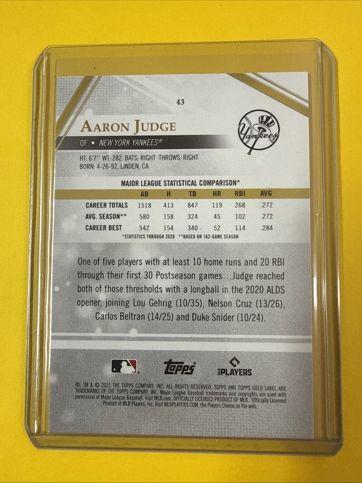 Aaron Judge 2021 Topps Gold Label Chrome Card - back