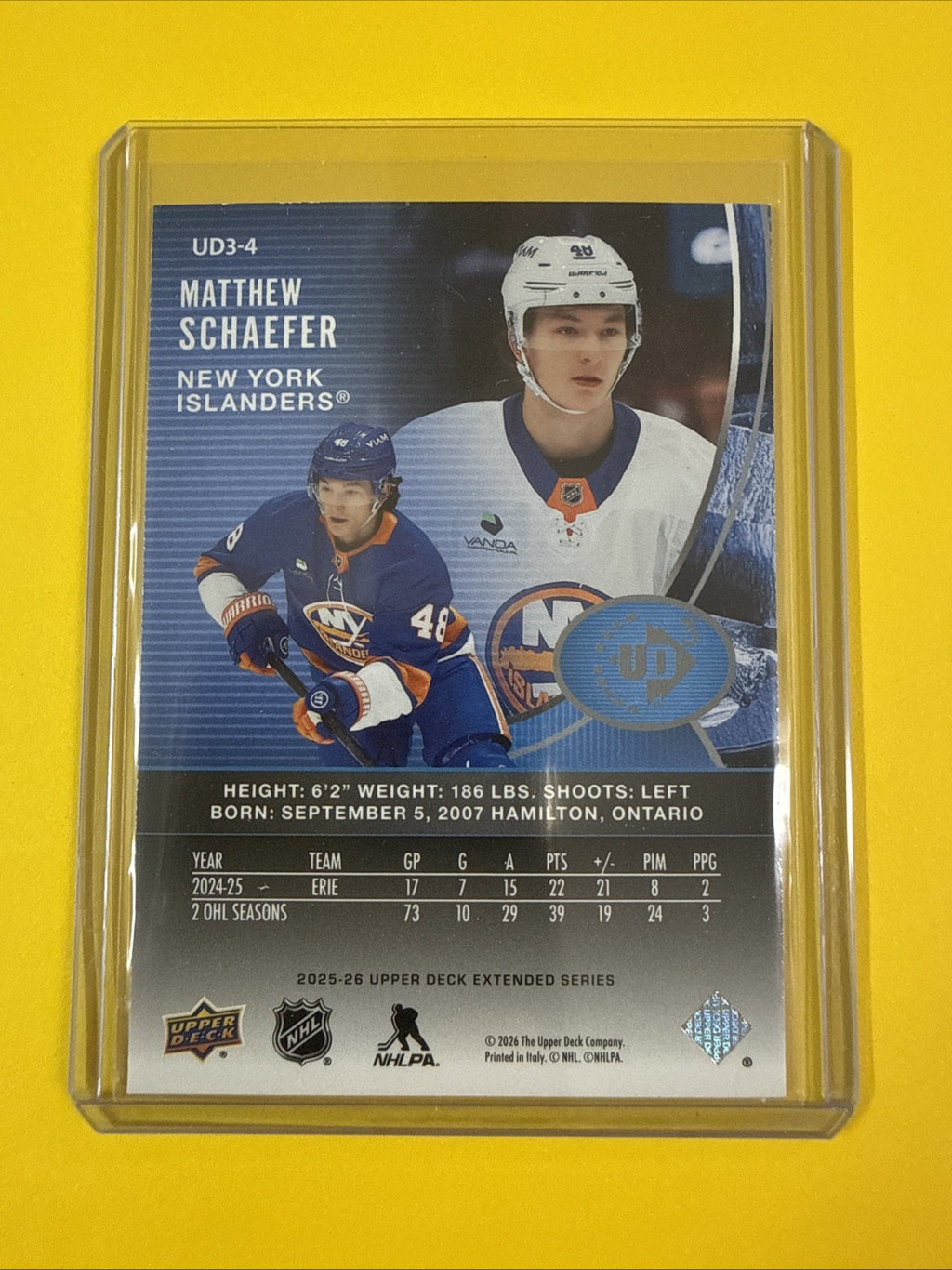 Matthew Schaefer 2025/26 UD3 Rookie Card Extended Series - back
