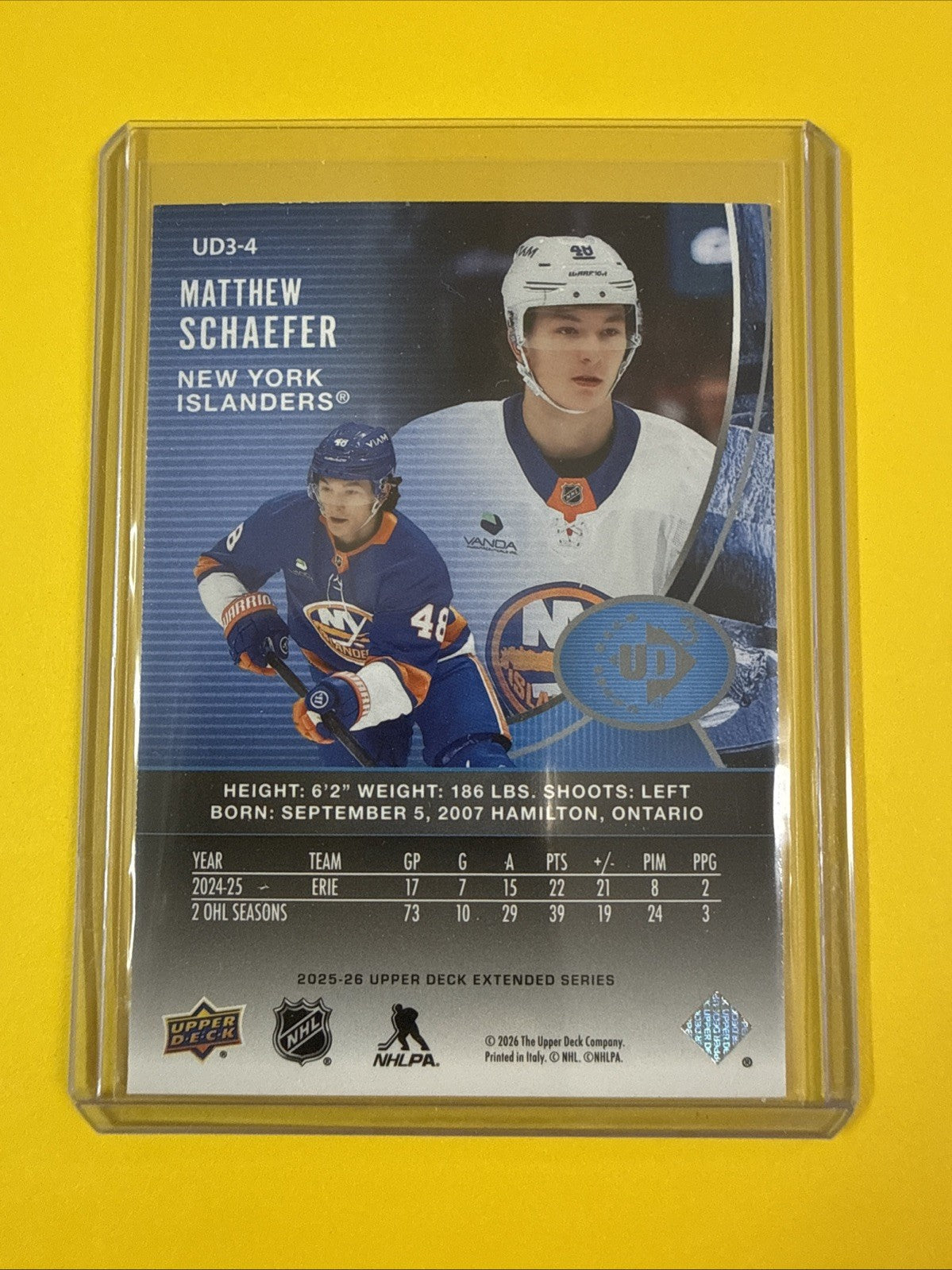 Matthew Schaefer 2025/26 UD3 Rookie Card Extended Series - back