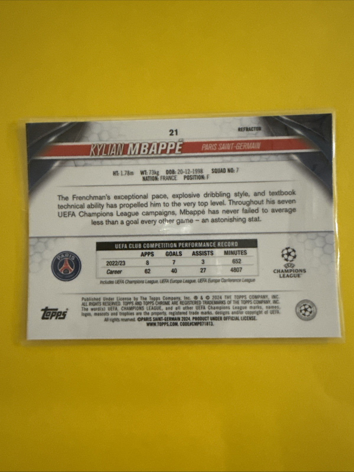 Kylian Mbappé 2024 Topps Finest Merlin Chrome Soccer Card - back