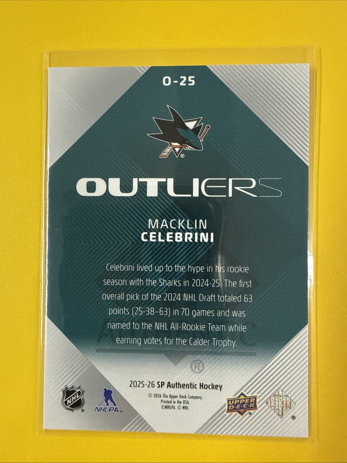 Macklin Celebrini 2025/26 SP Authentic Outliers Card - back