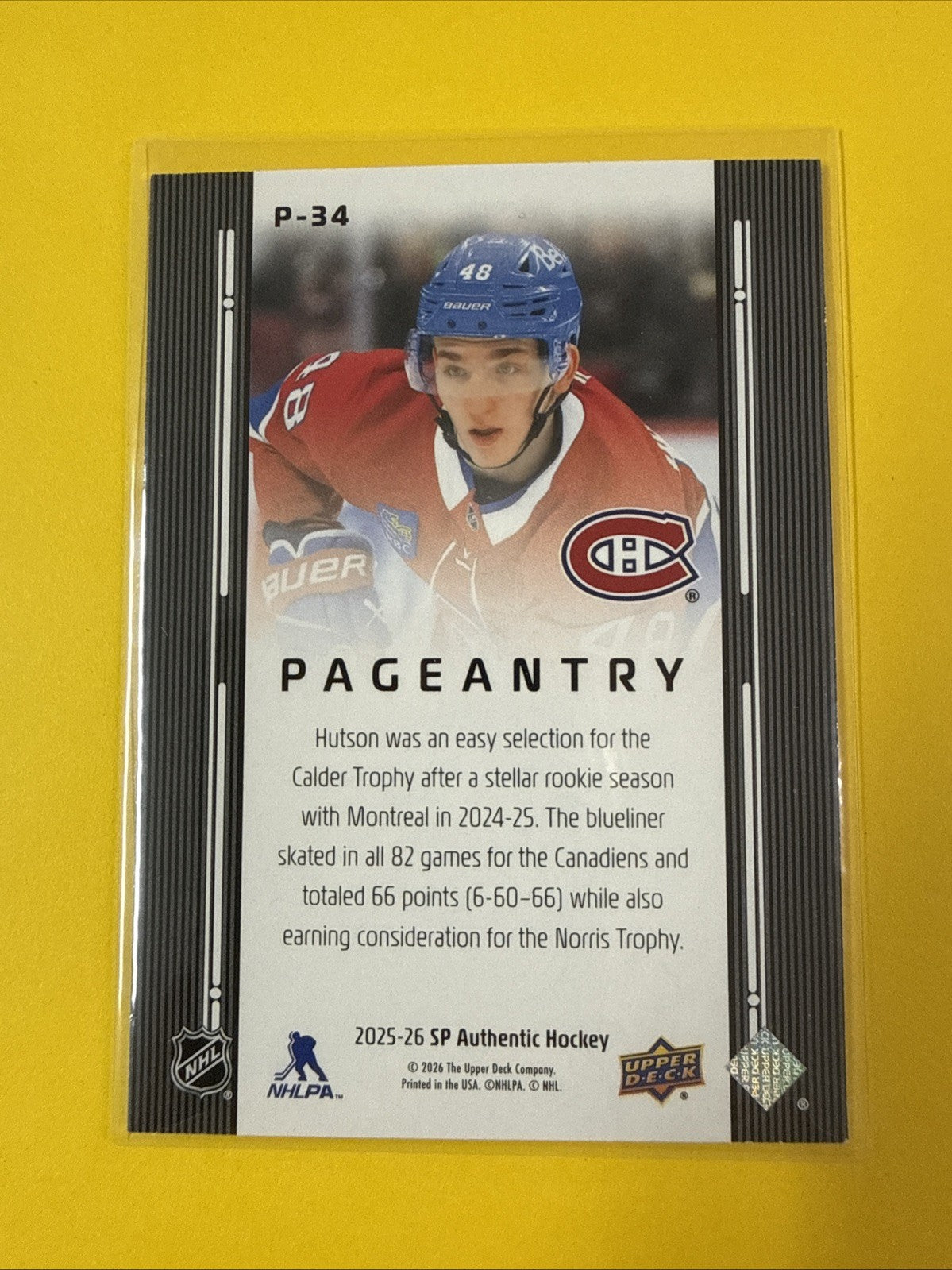 Lane Hutson . 2025/26 SP Authentic Pageantry Card - back
