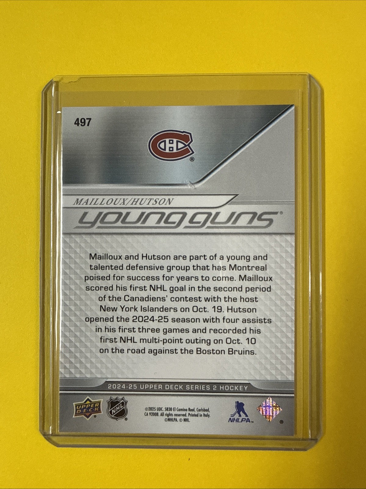 Lane Hutson 2024/25 UD Young Guns Teammates Rookie Card - back
