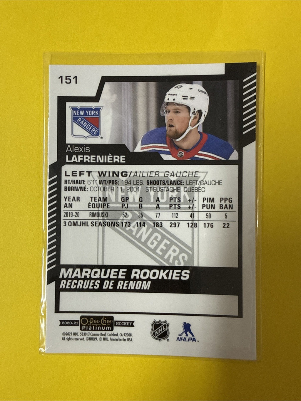 Alexis Lafreniere 2020/21 O Pee Chee Platinum Rookie Card - back