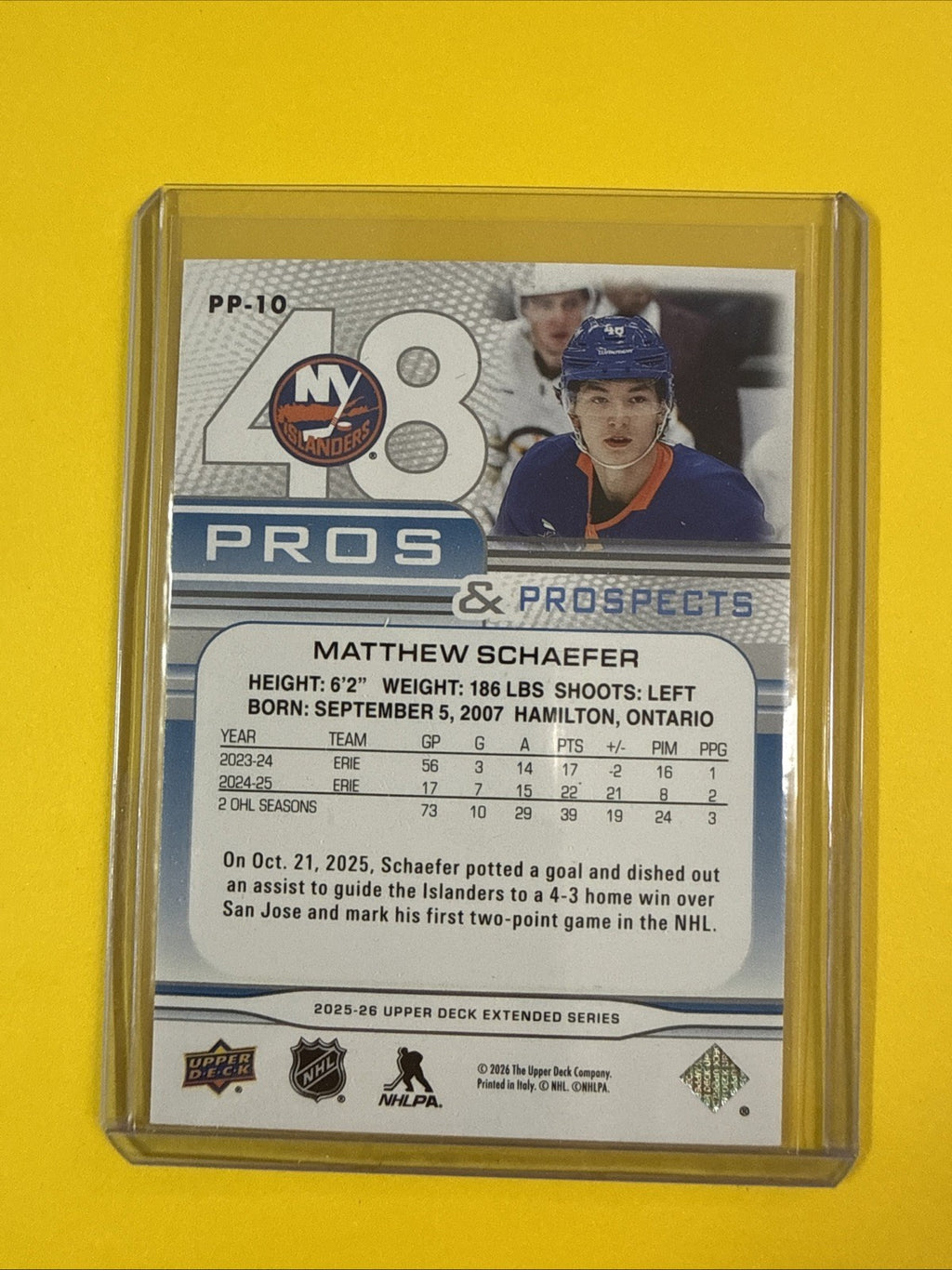 Matthew Schaefer 2025/26 UD Pros & Prospects Rookie Card - back