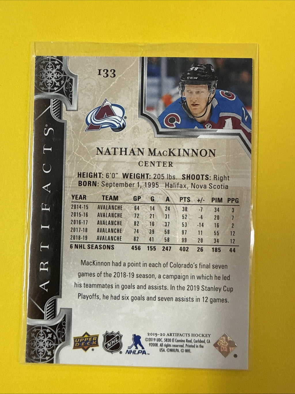 Nathan MacKinnon 2019/20 Artifacts Card 542/699 - back