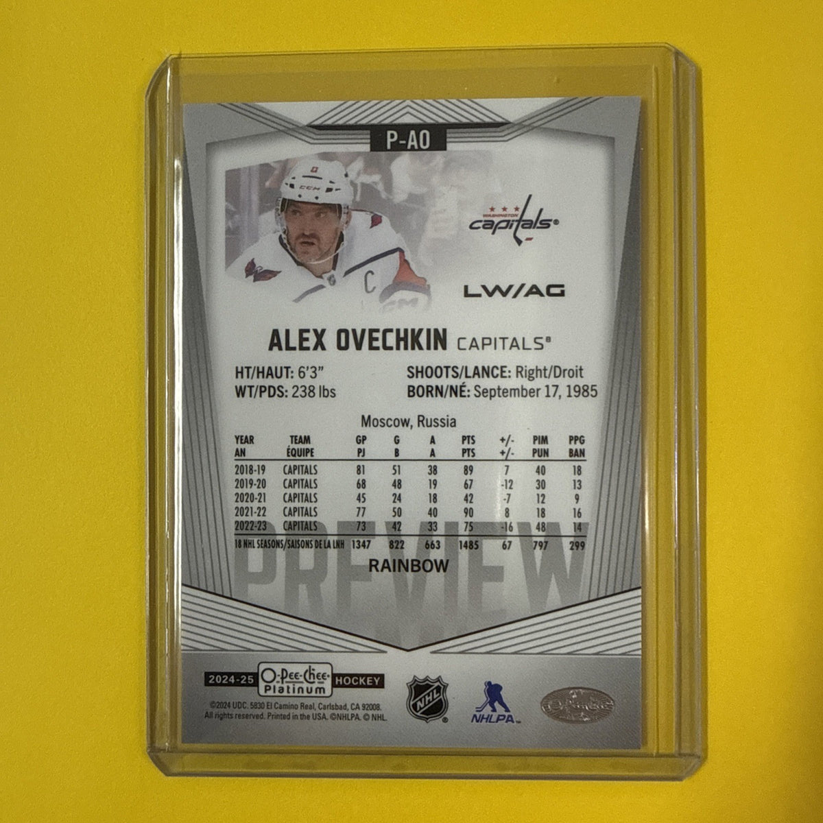 Alex Ovechkin 2024/25 O Pee Chee Platinum Rainbow Card - back