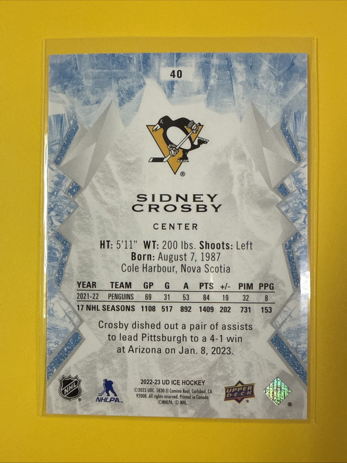 Sidney Crosby 2022/23 UD Ice Green Emerald Card - back