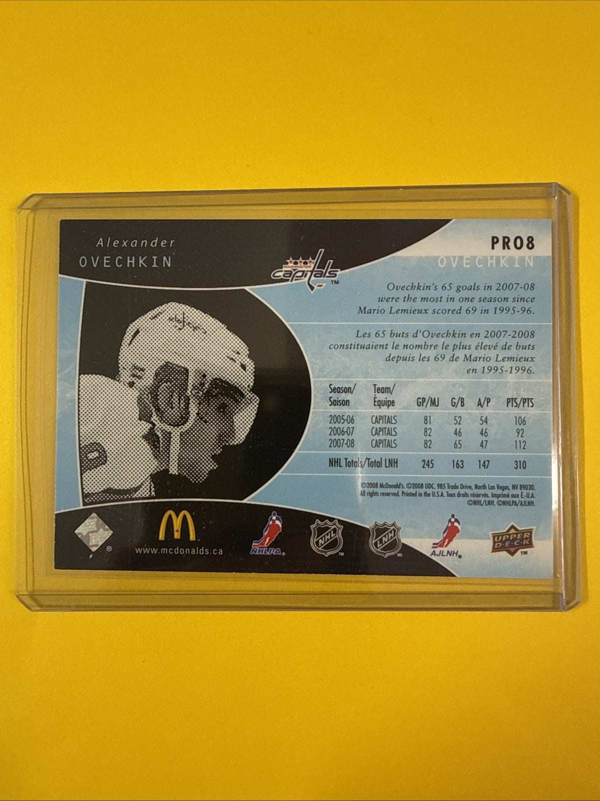 Alexander Ovechkin 2008/09 McDonald Profils Card - back