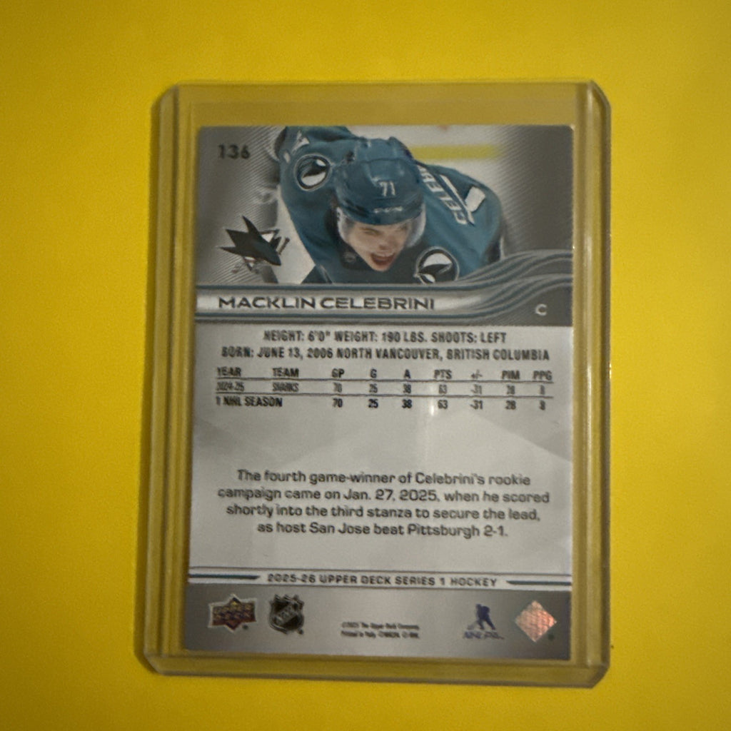 Macklin Celebrini 2025/26 UD Series One Card - back