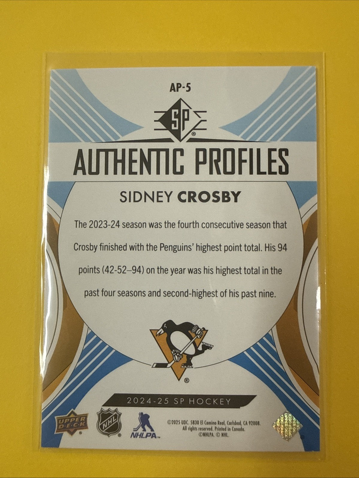 Sidney Crosby 2024/25 SP Authentic Profiles Card - back