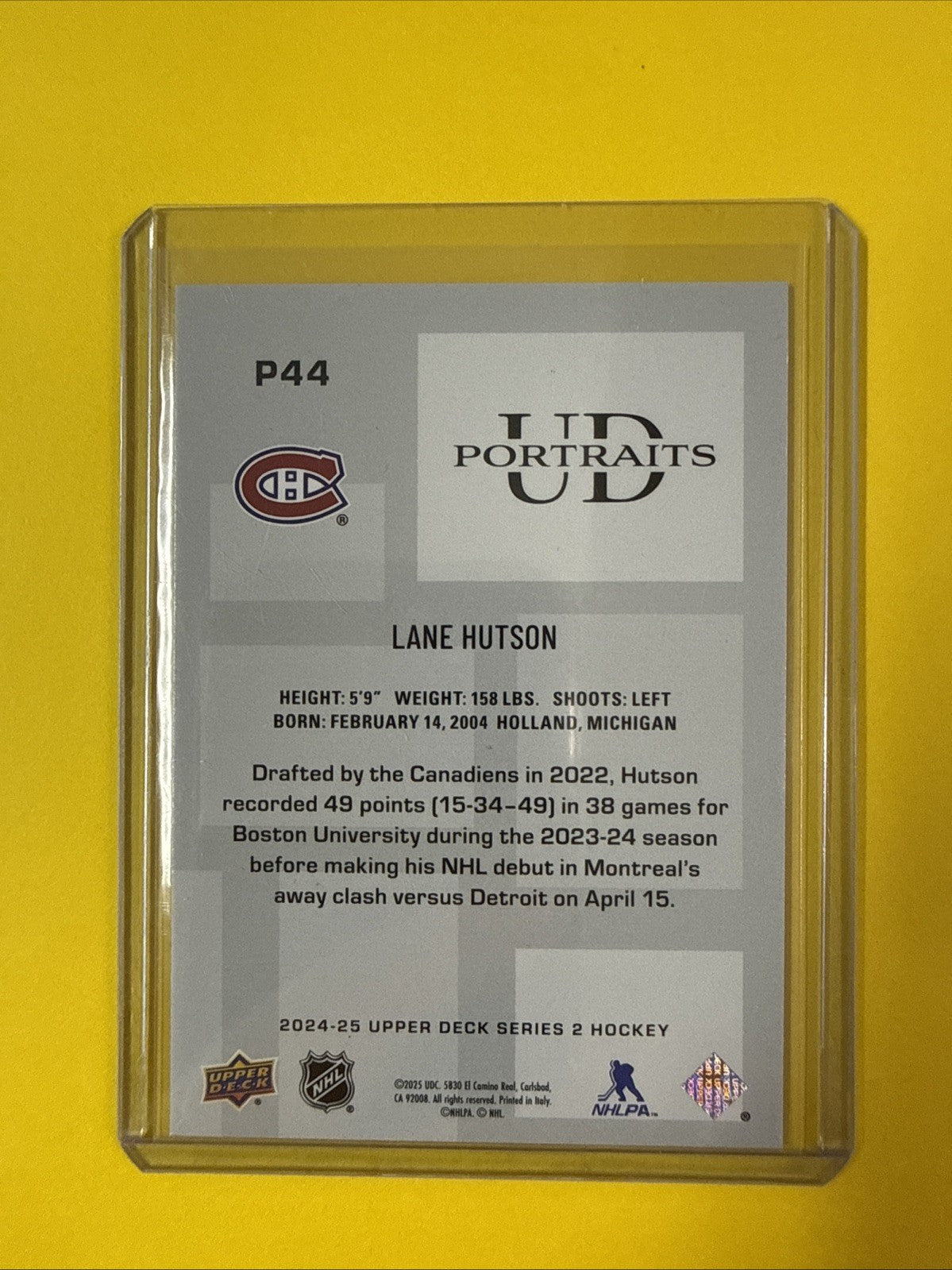 Lane Hutson 2024/25 UD Portraits Rookie Card - back