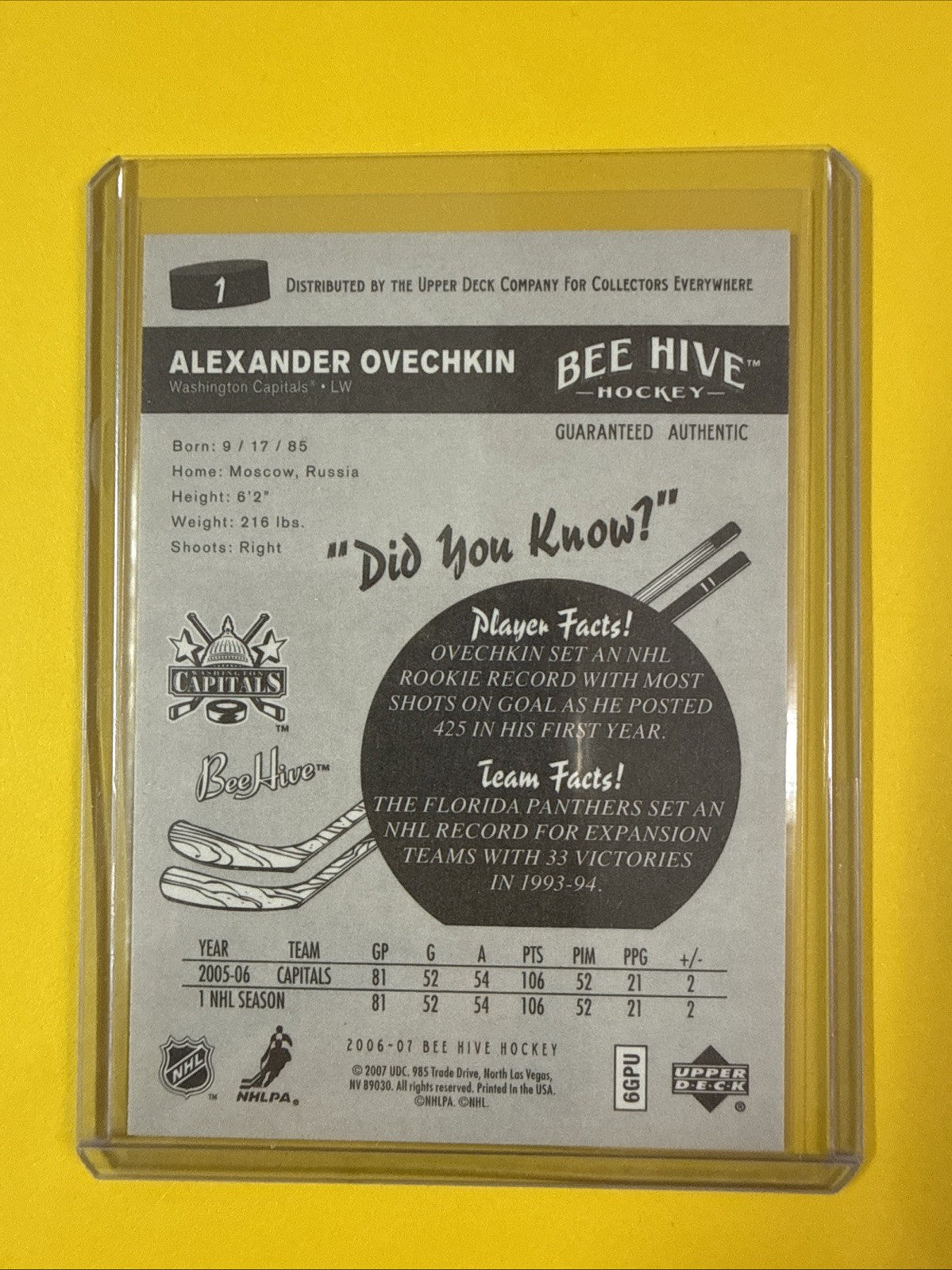 Alexander Ovechkin 2006 Beehive Hockey Card - back