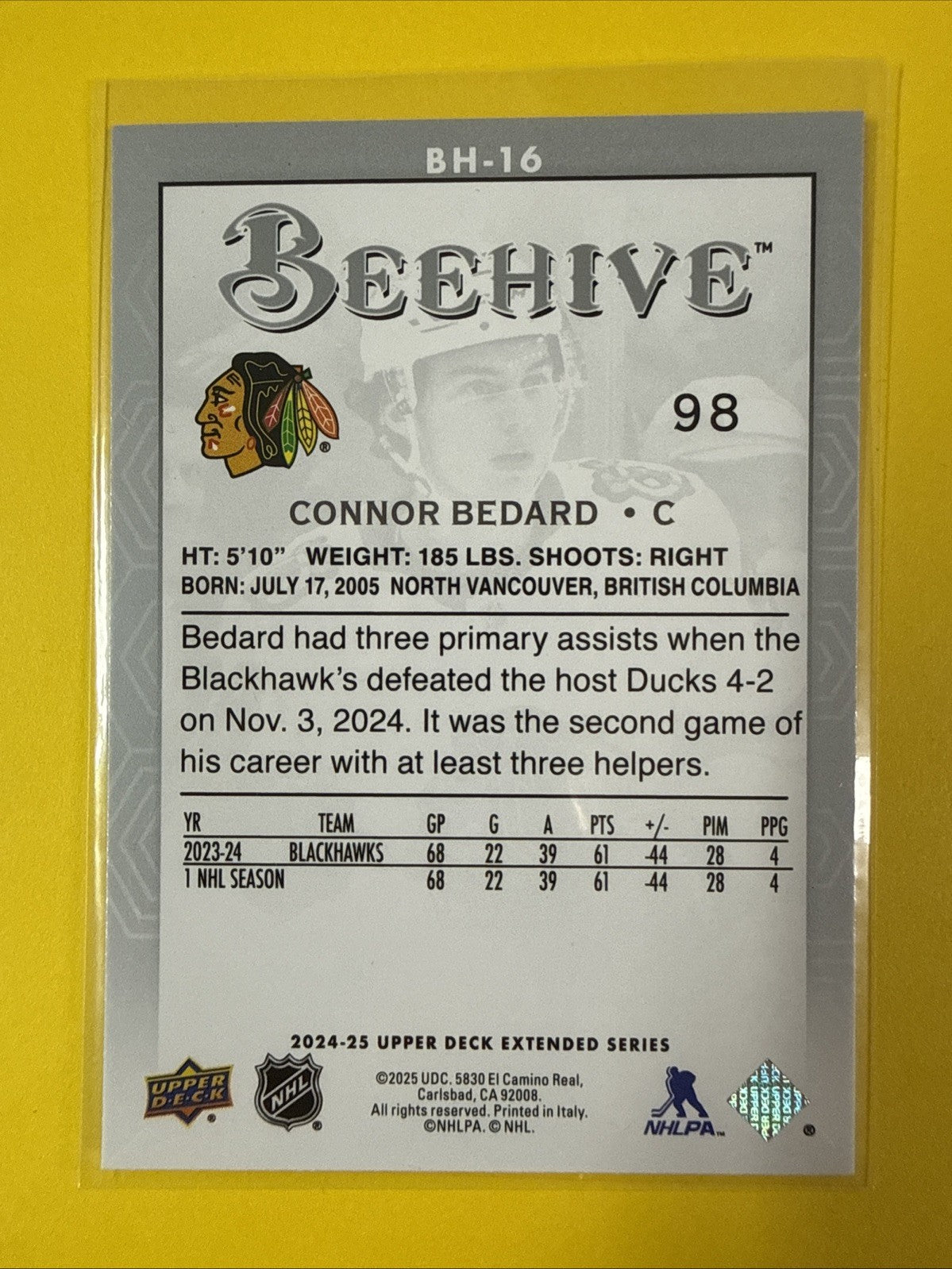 Connor Bedard 2024/25 UD Beehive Card - back