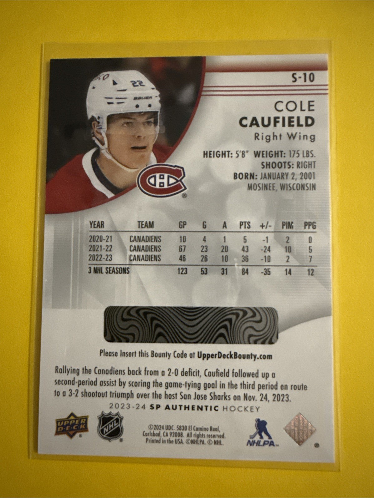 Cole Caufield 2023/24 SP Authentic Spectrum FX Card - back