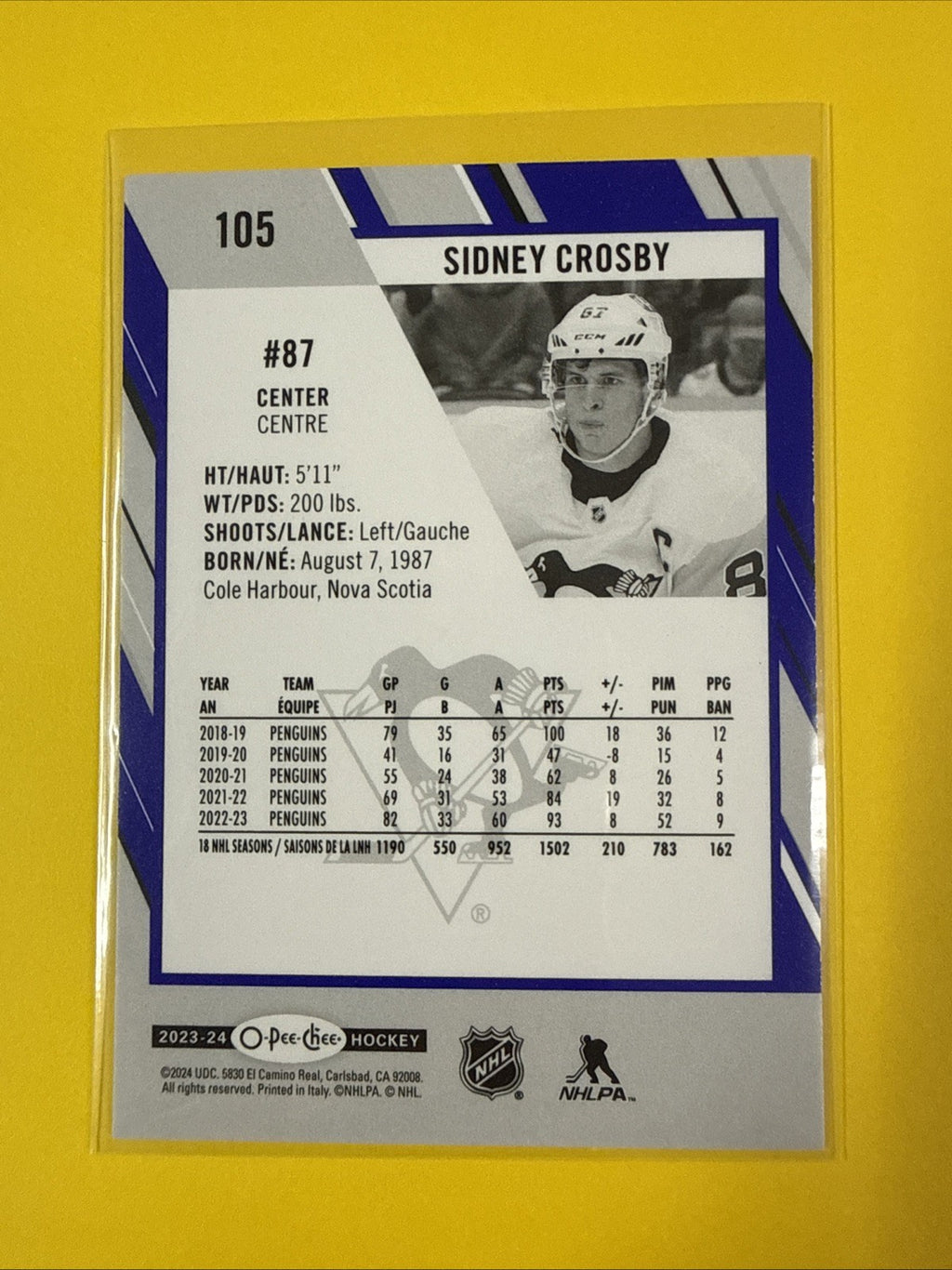 Sidney Crosby 2023/24 O Pee Chee Purple Border Card - back