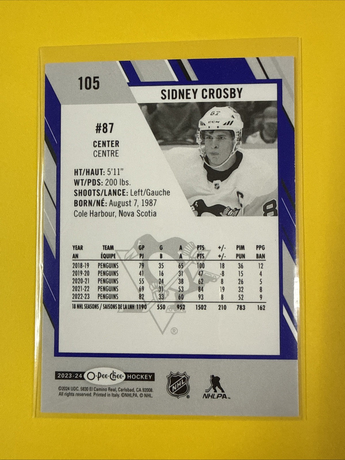 Sidney Crosby 2023/24 O Pee Chee Purple Border Card - back