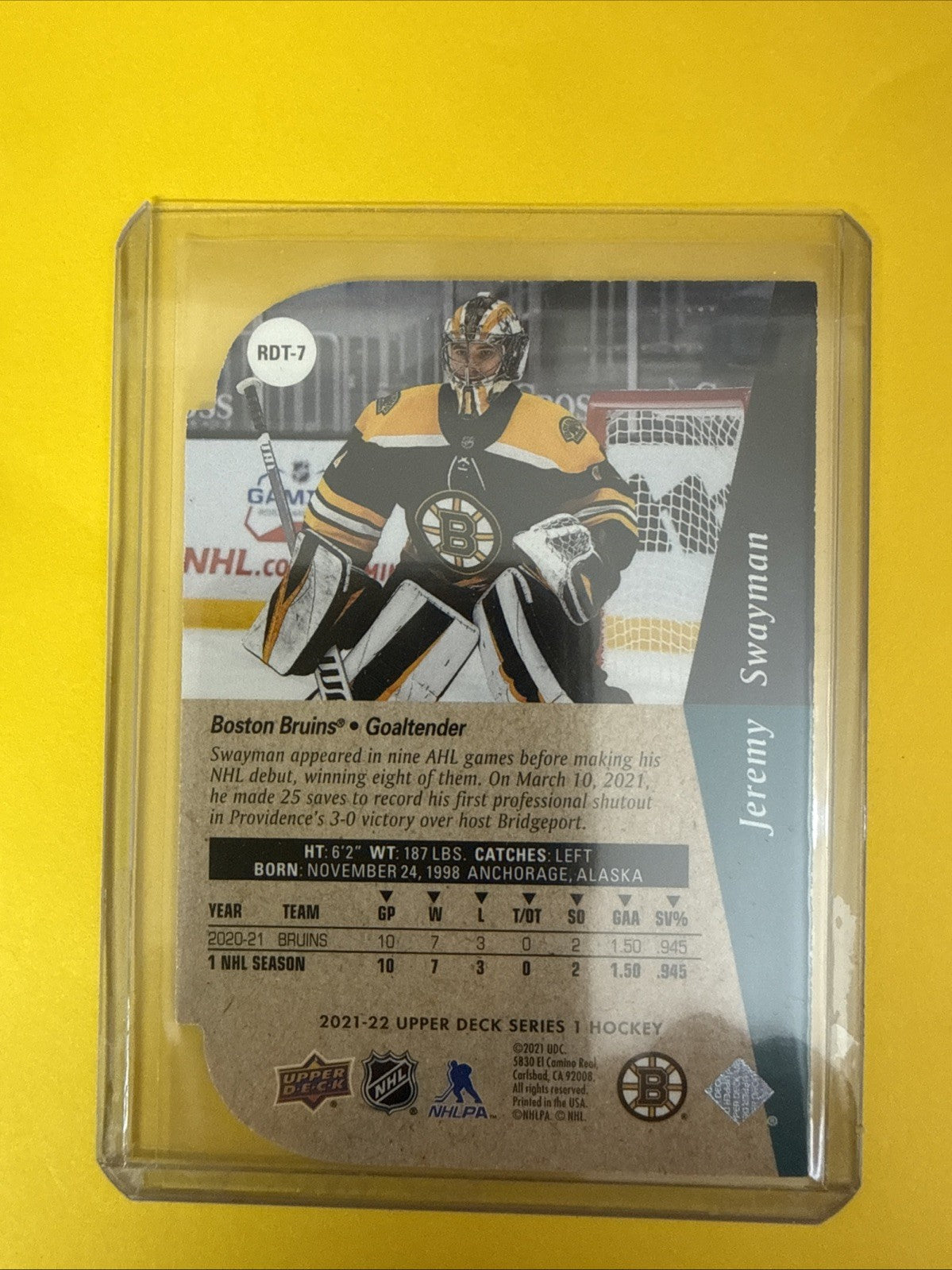 Jeremy Swayman 2021/22 UD Rookie Card Die Cut - back