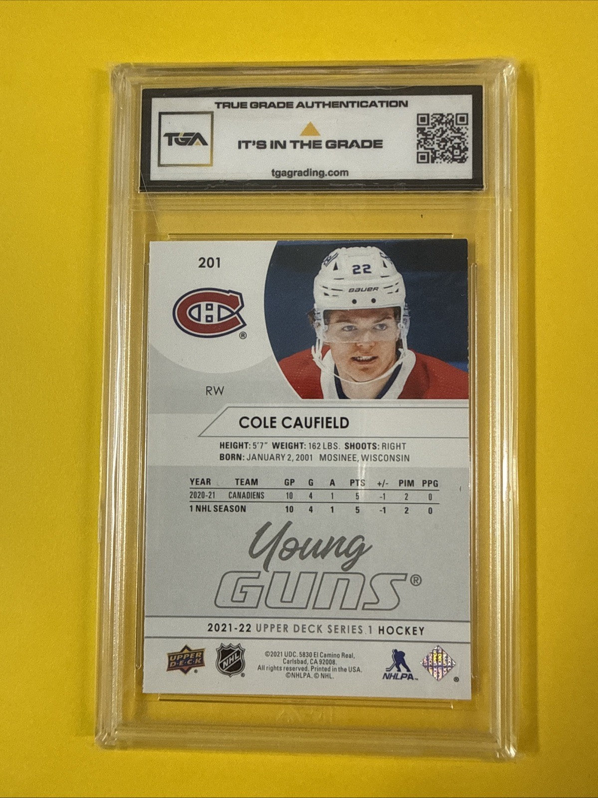 Cole Caufield 2021 UD Young Guns Rookie Card Graded 8 - back