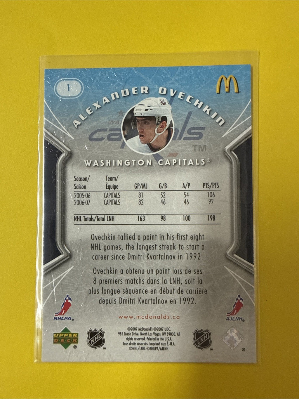 Alexander Ovechkin 2007 Card - back