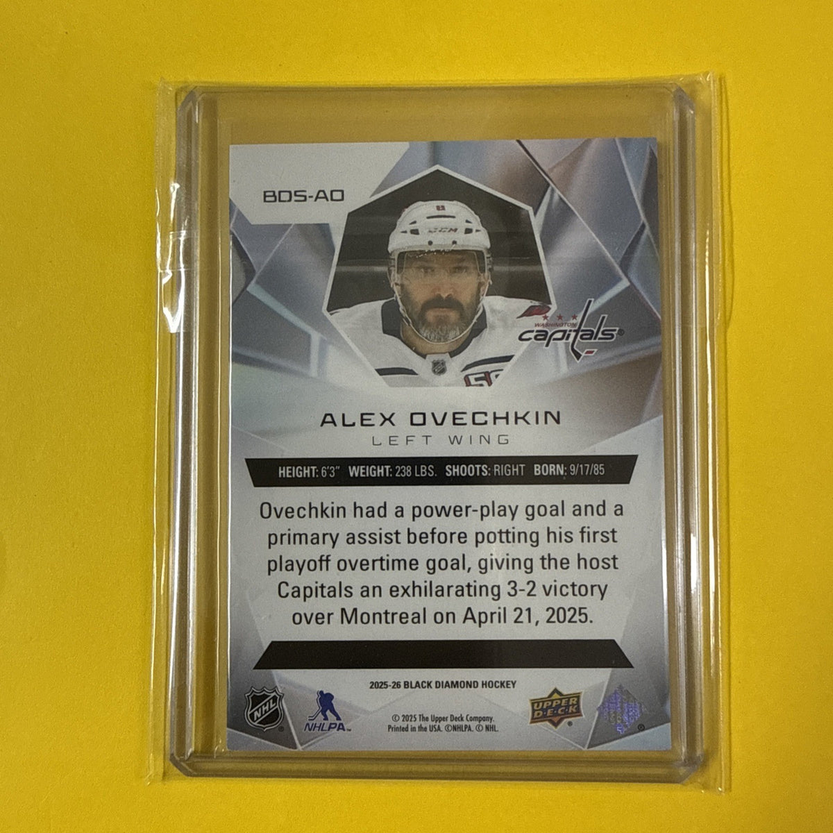 Alex Ovechkin 2025/26 Black Diamond Hockey Card Out of /249 - back