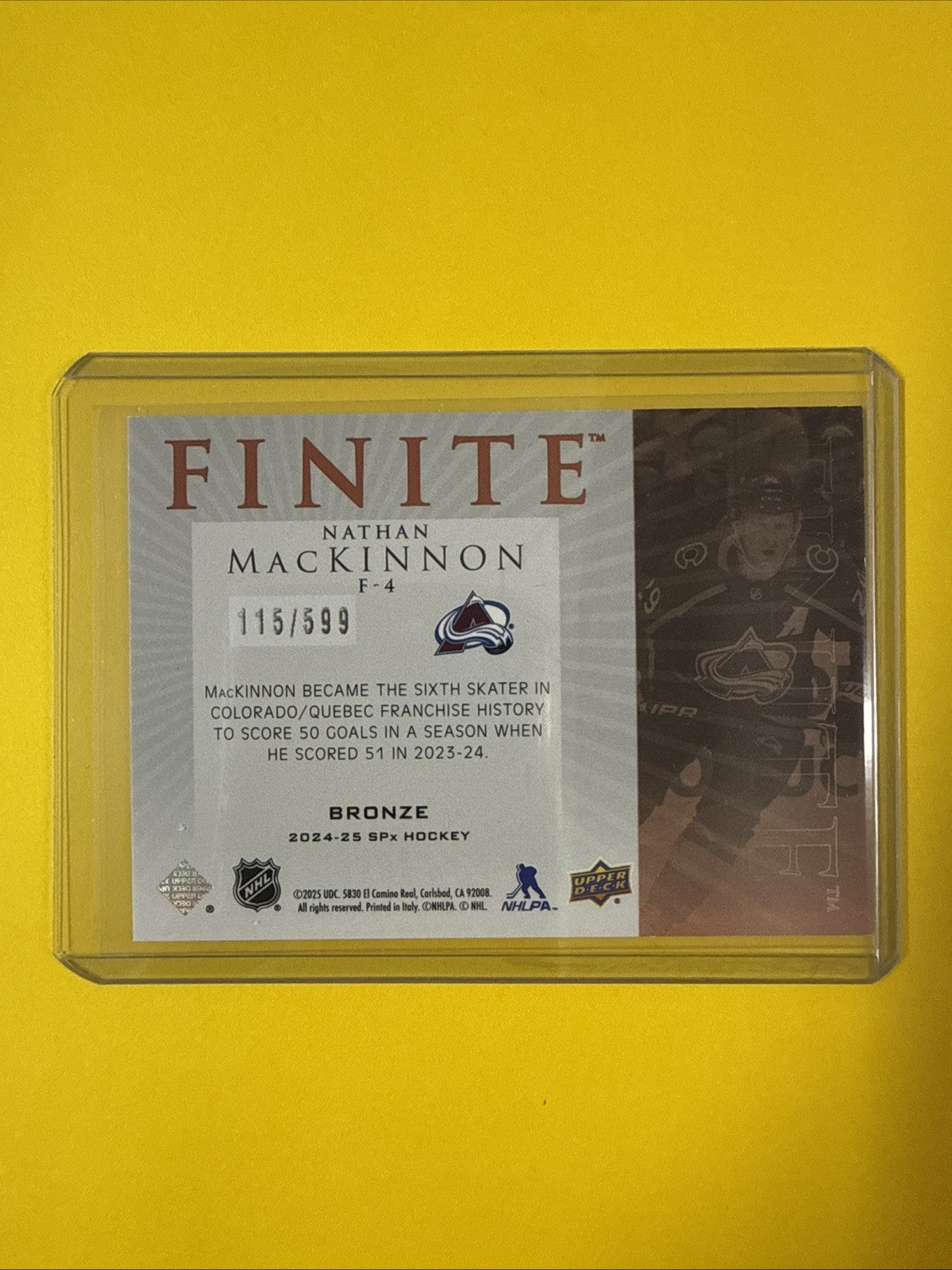 Nathan MacKinnon 2024/25 SPx Finite Card Bronze 115/599 - back