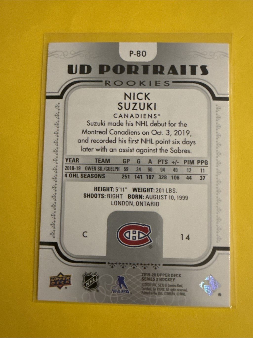 Nick Suzuki 2019/20 Rookie Card UD Portraits - back