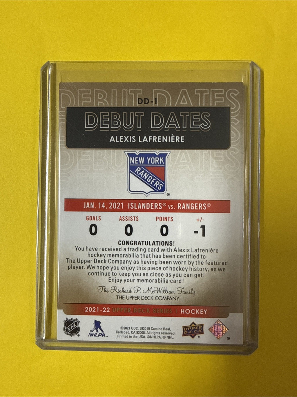 Alexis Lafreniere 2021/22 UD Debut Dates Jersey Card - back