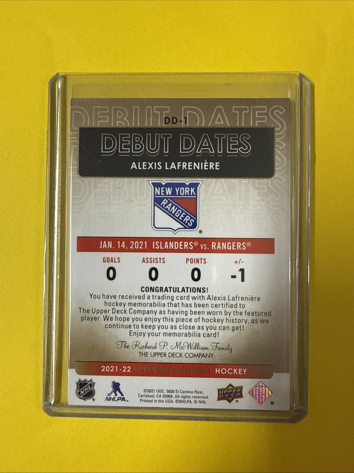 Alexis Lafreniere 2021/22 UD Debut Dates Jersey Card - back