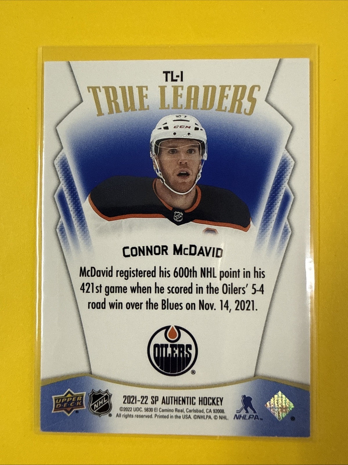 Connor McDavid 2021-22 SP Authentic True Leaders Blue #TL-1 Edmonton Oilers - back