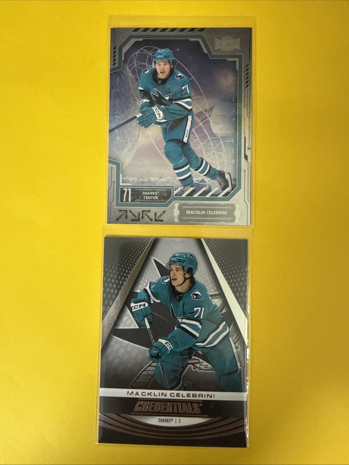 Macklin Celebrini 2025/26 Skybox Metal + Credentials 2 Hockey Cards - front