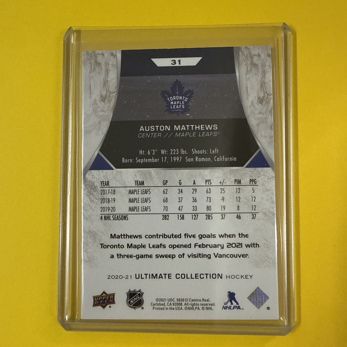 Auston Matthews 2020/21 Ultimate Collection Hockey Card - back