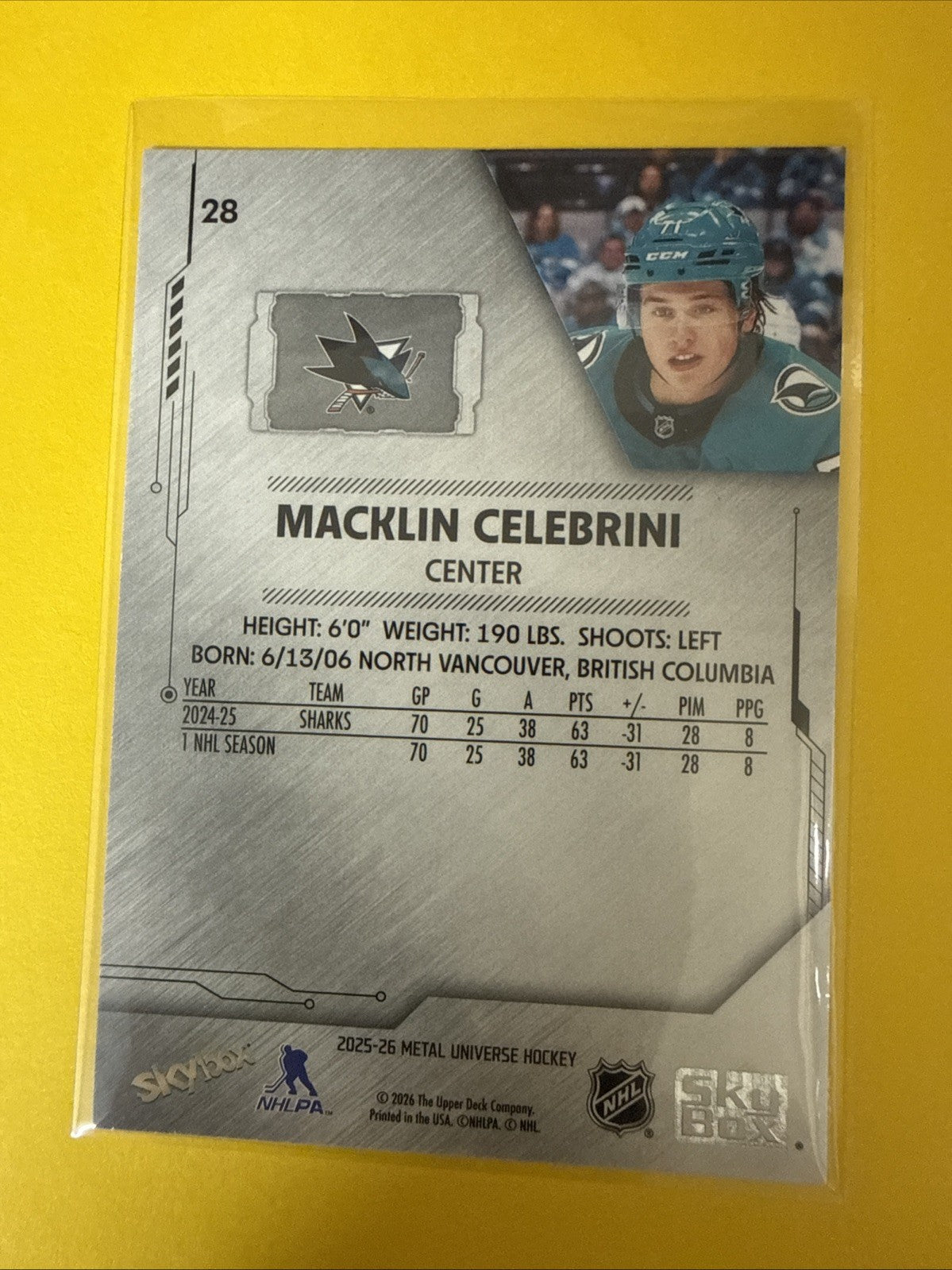 Macklin Celebrini 2025/26 Metal Universe Hockey Card - back