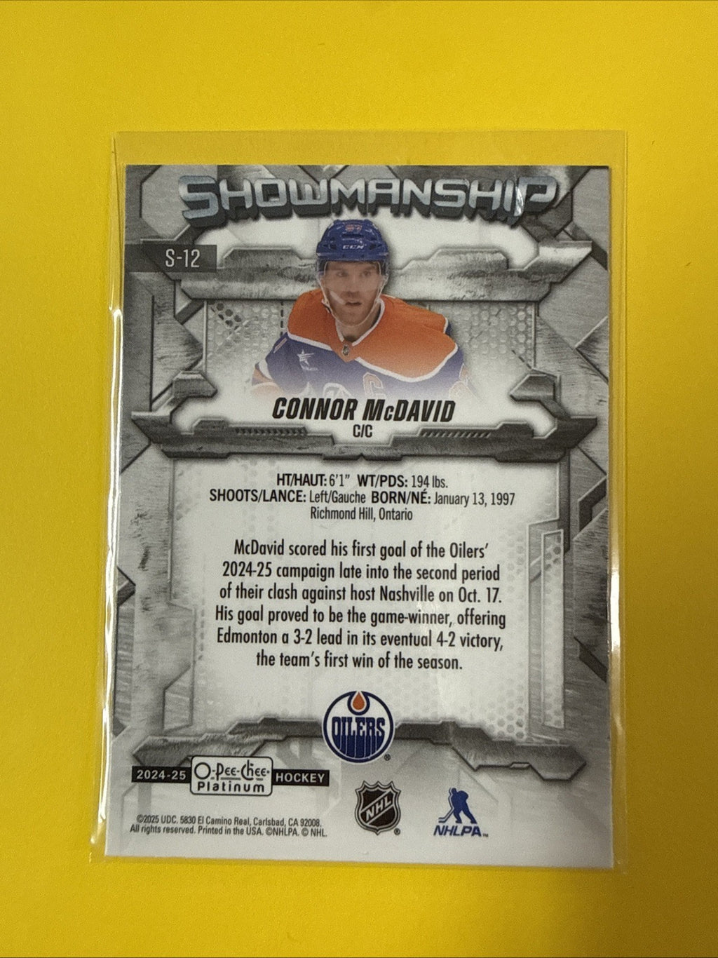 Connor McDavid 2024/25 O Pee Chee Platinum Showmanship Card - back