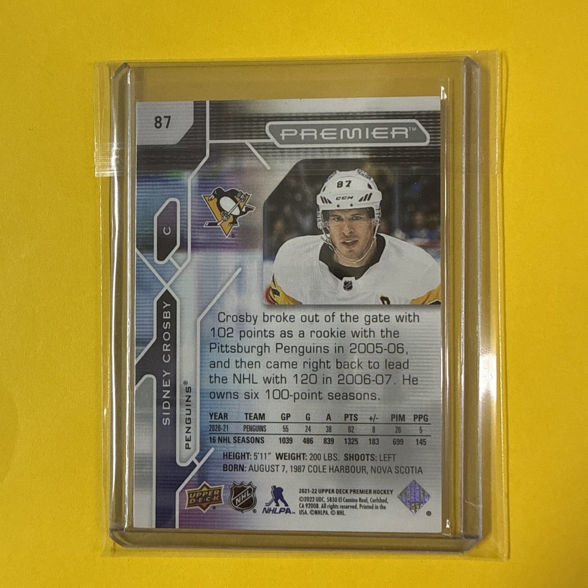 Sidney Crosby 2021/22 Premier Card Out of /299 - back