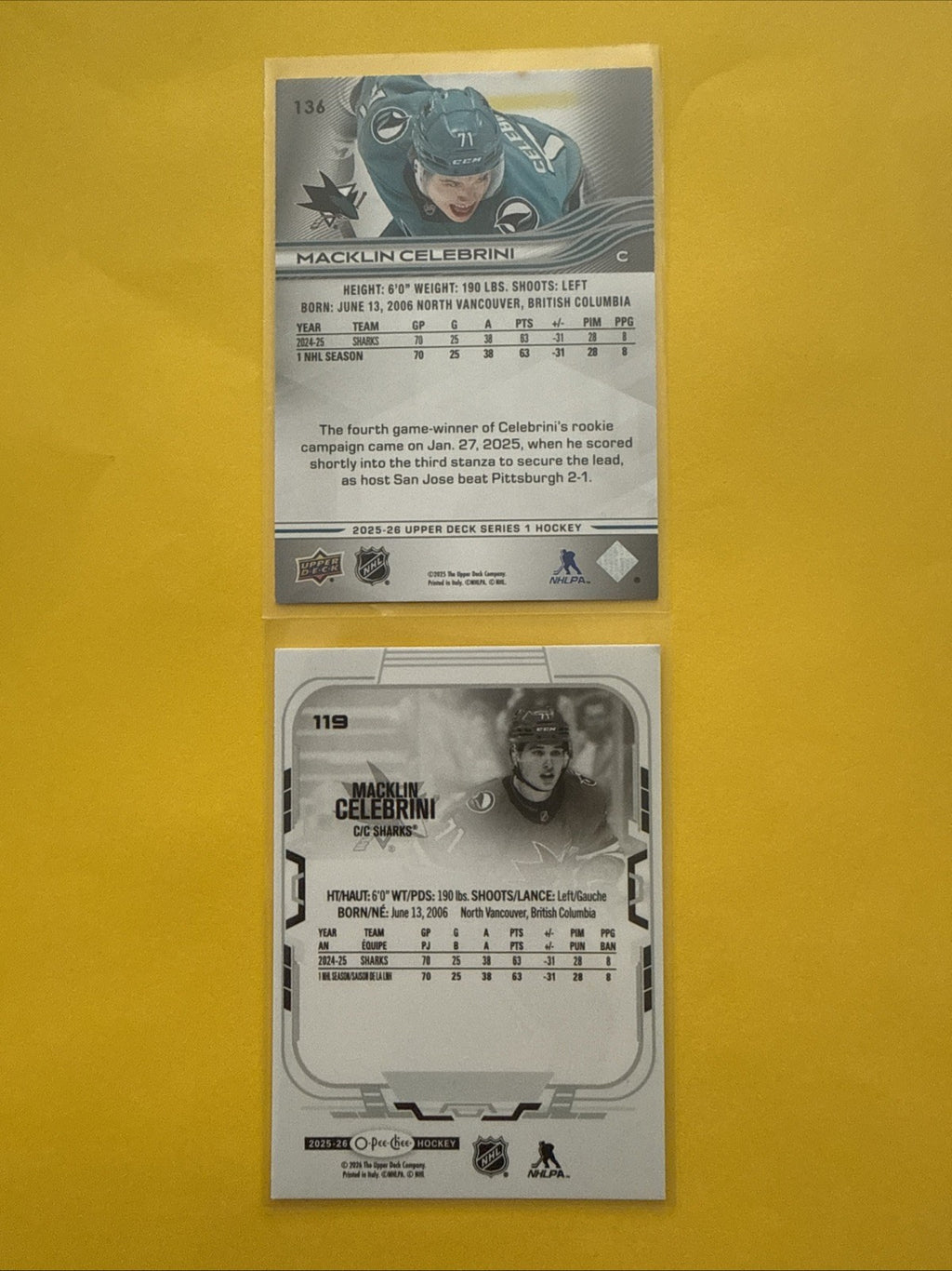 Macklin Celebrini 2025/26. O Pee Chee + Upper Deck Series One Cards - back