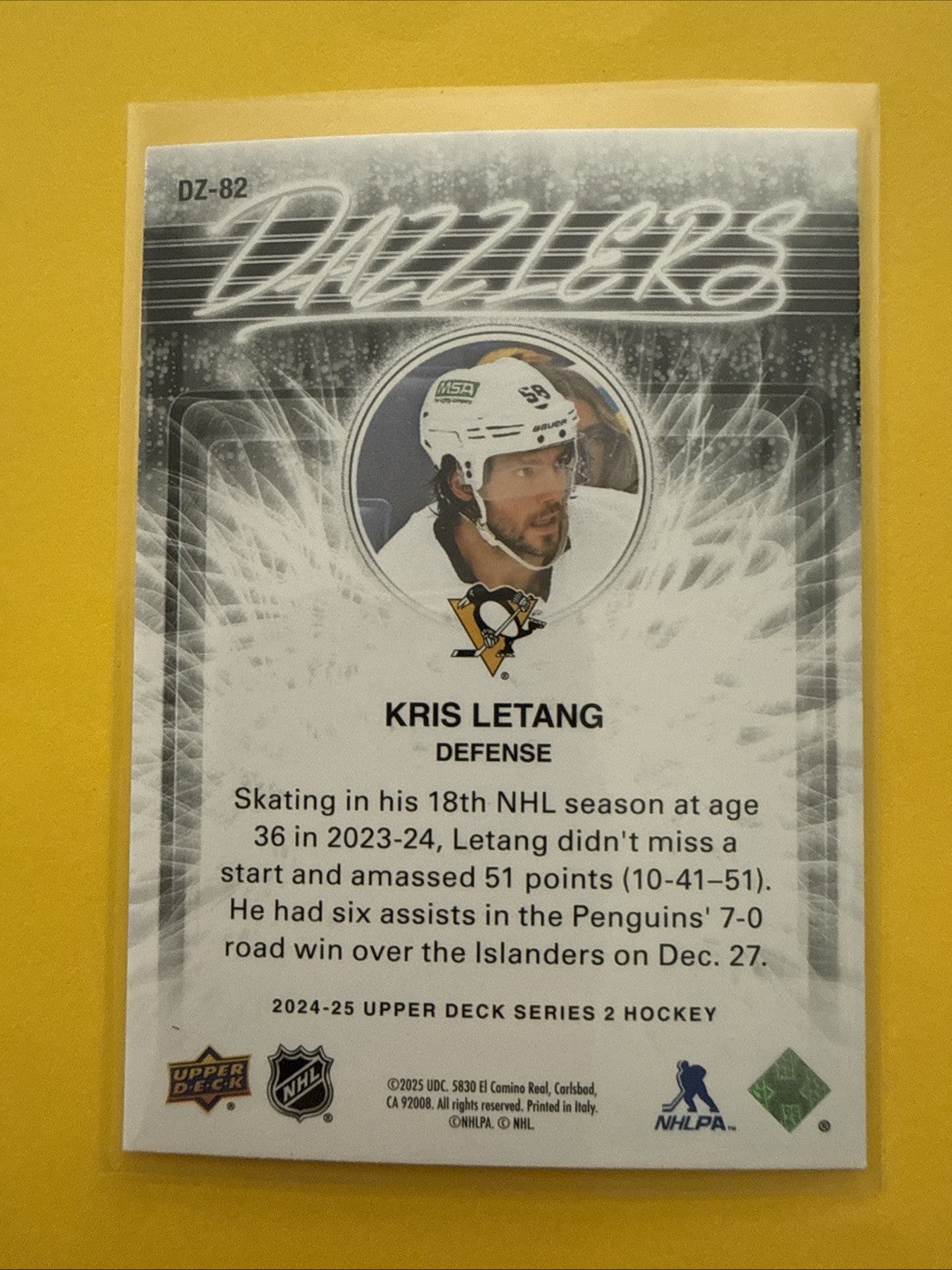 Kris Letang . 2024/25 UD Orange Dazzlers Card - back