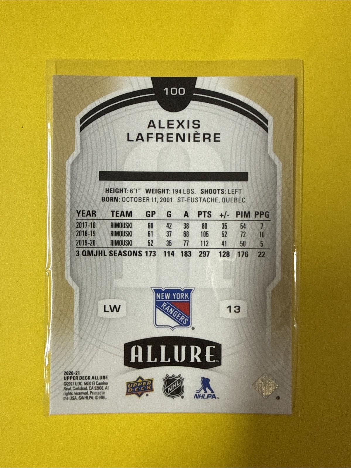Alexis Lafreniere 2020/21 Allure Rookie Card - back