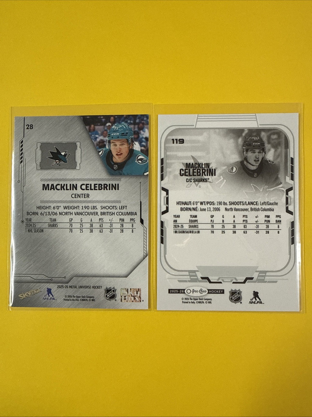 Macklin Celebrini 2025/26 Metal Universe + O Pee Chee Hockey Cards - back