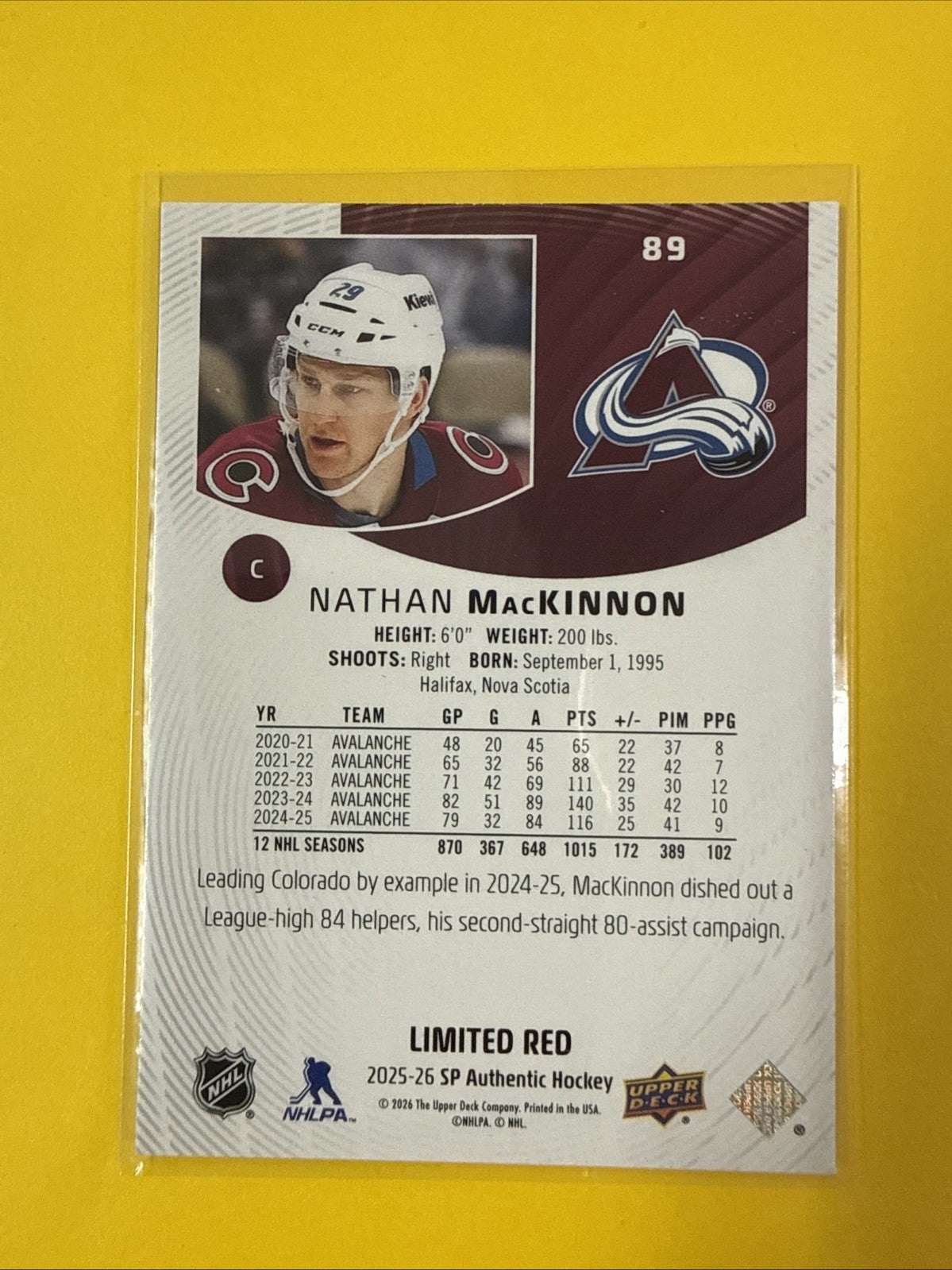 Nathan MacKinnon 2025/26 SP Authentic Limited Red Card - back