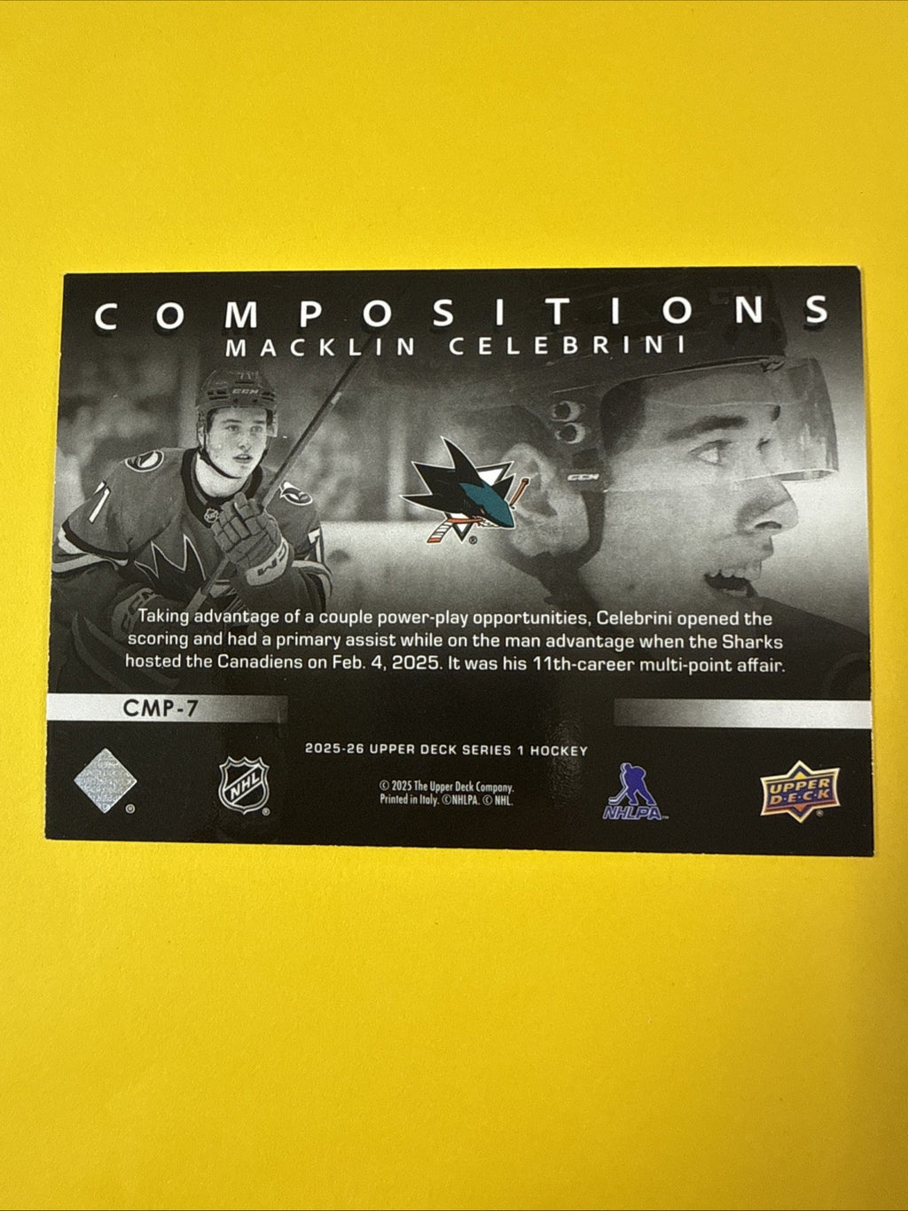 Macklin Celebrini 2025/26. UD Compositions Card - back